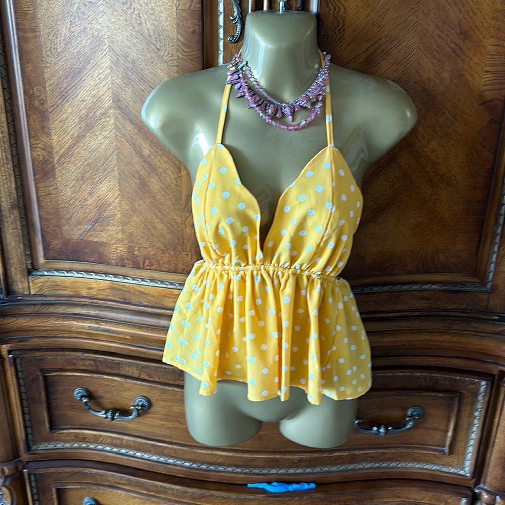 Yellow and white polkadot halter top peplum style